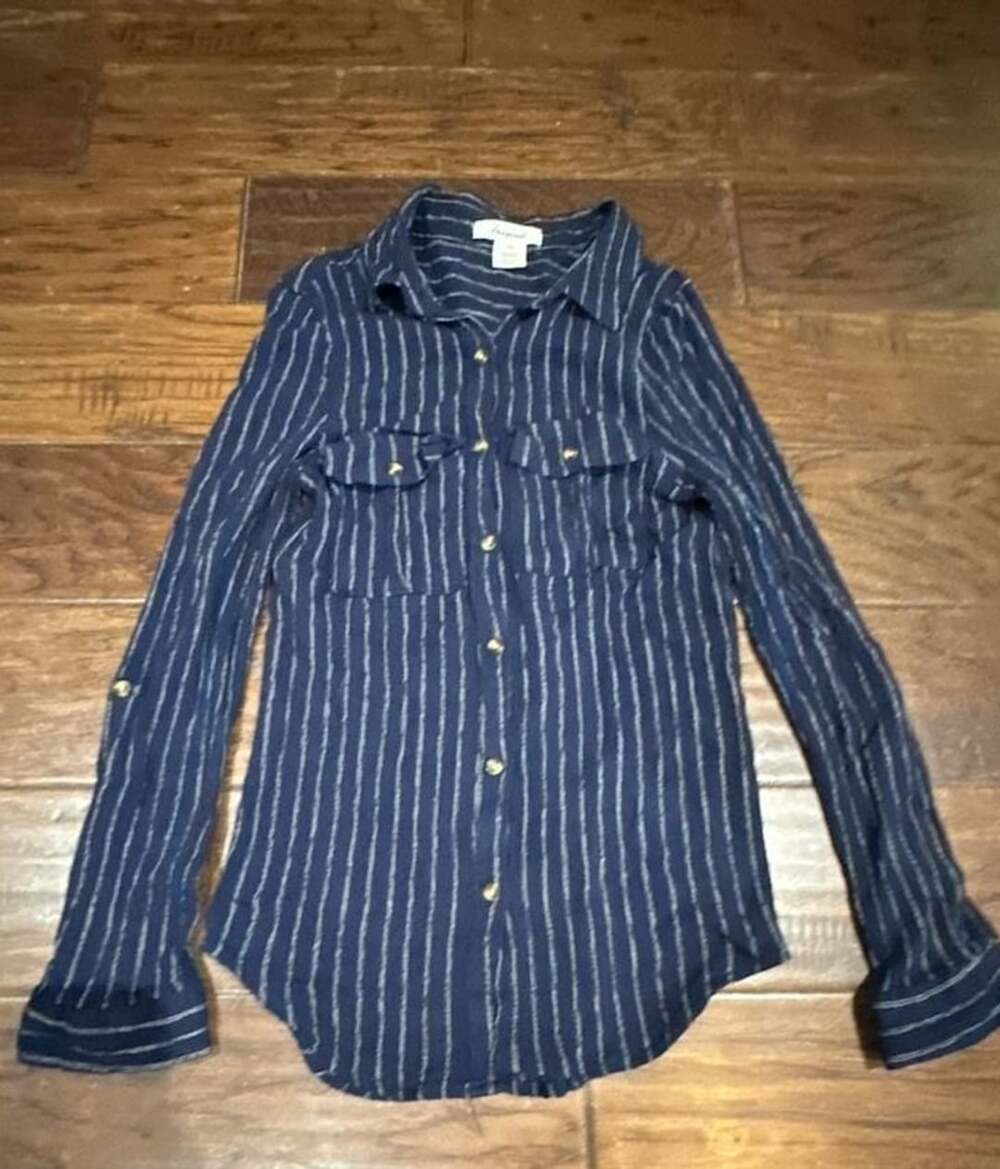 Passport Striped Long Sleeve Button Down Shirt Size XS Blue Viscose Cotton